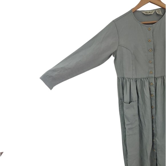 Eddie Bauer 100% Linen Button Front Maxi Dress Sz XSP Vintage Cottagecore Sage - Picture 2 of 16